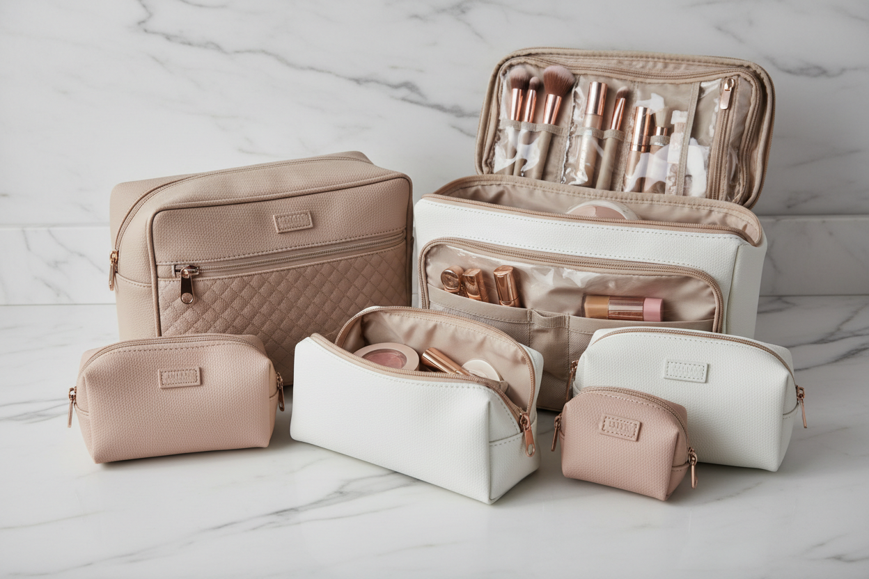 This is a custom cosmetic bag series, including various materials such as PU, genuine leather, and polyester.