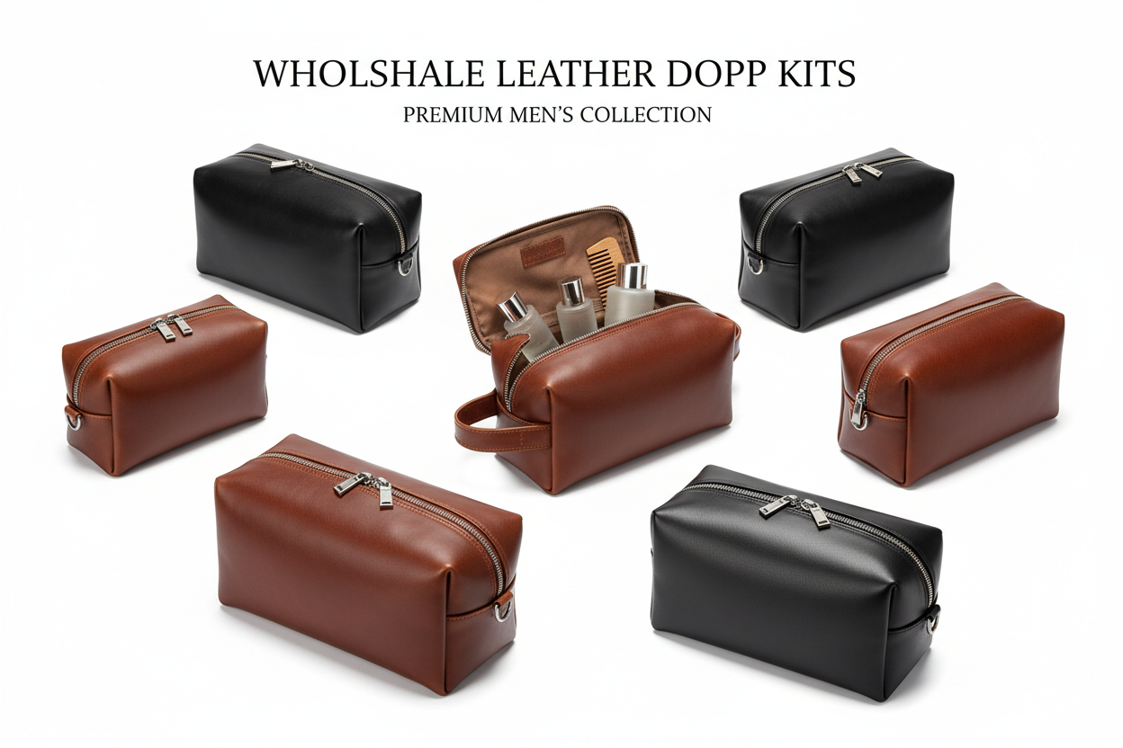 Wholesale leather dopp kits bulk, premium men's genuine leather toiletry bags metal zipper