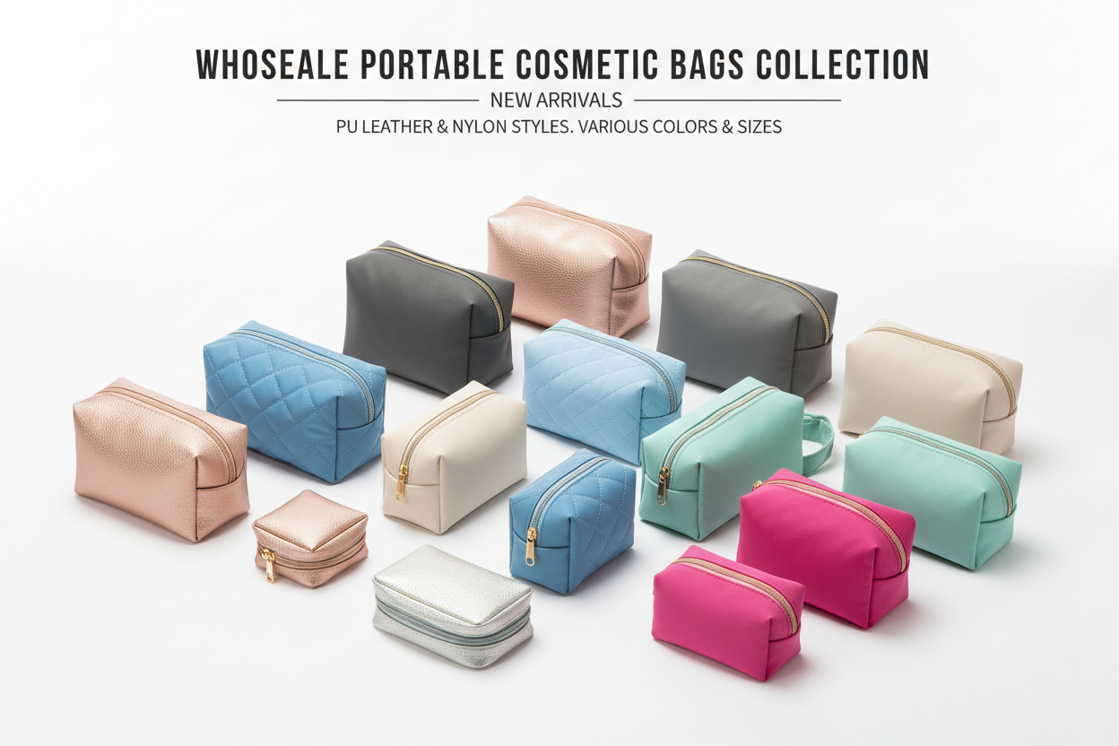 Wholesale portable cosmetic bags bulk, compact makeup pouches PU leather nylon zipper organizer