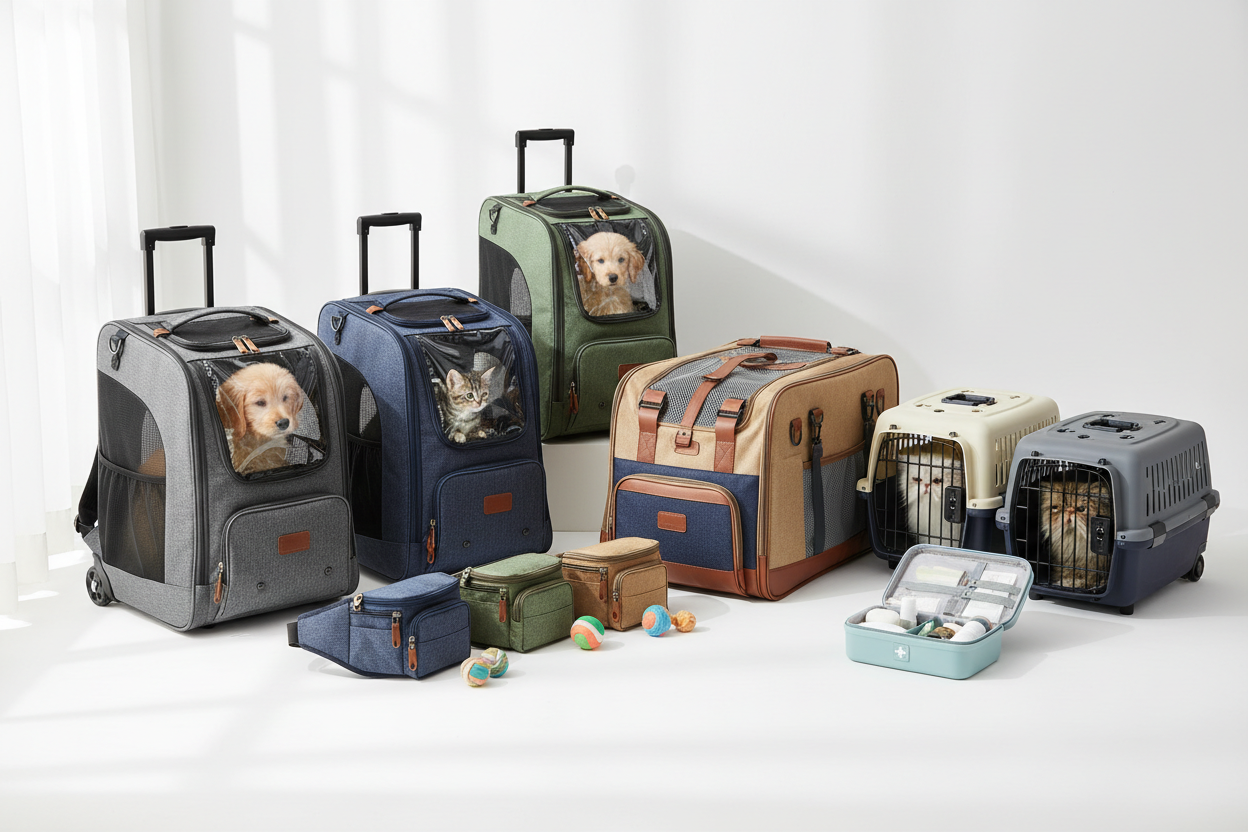 This image showcases a range of high-quality pet carriers and crates, beautifully arranged on a clean white surface.