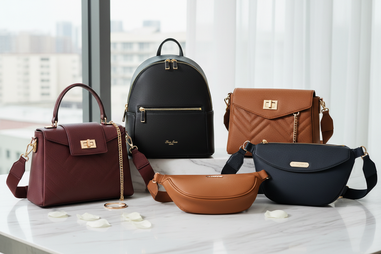 This image showcases a range of stylish PU leather bags, elegantly arranged on a clean white marble surface.