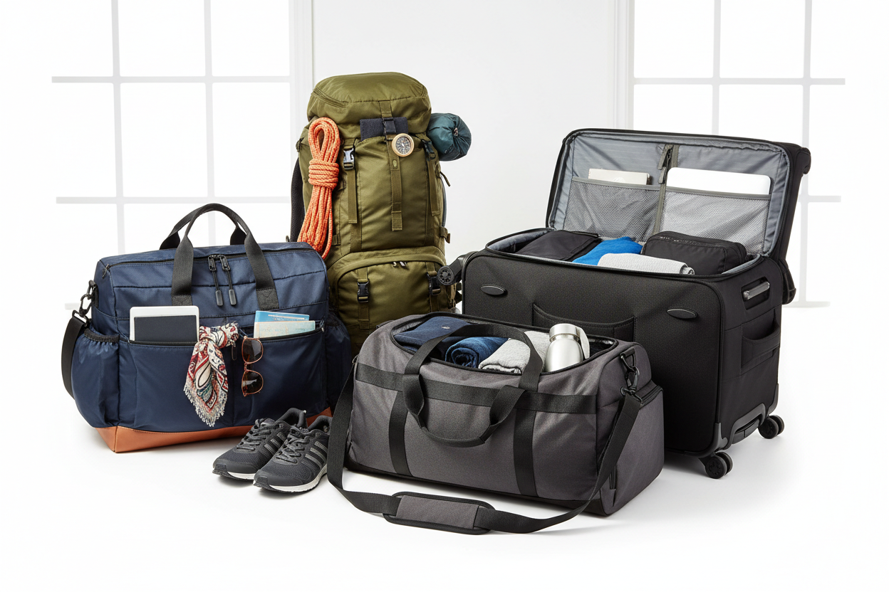 This image showcases a range of versatile travel bags, beautifully arranged on a clean white surface. Image includes: