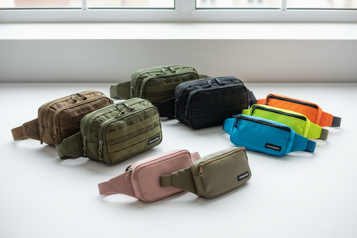This image showcases a range of multi-functional waist bags and belts, beautifully arranged on a clean white surface.