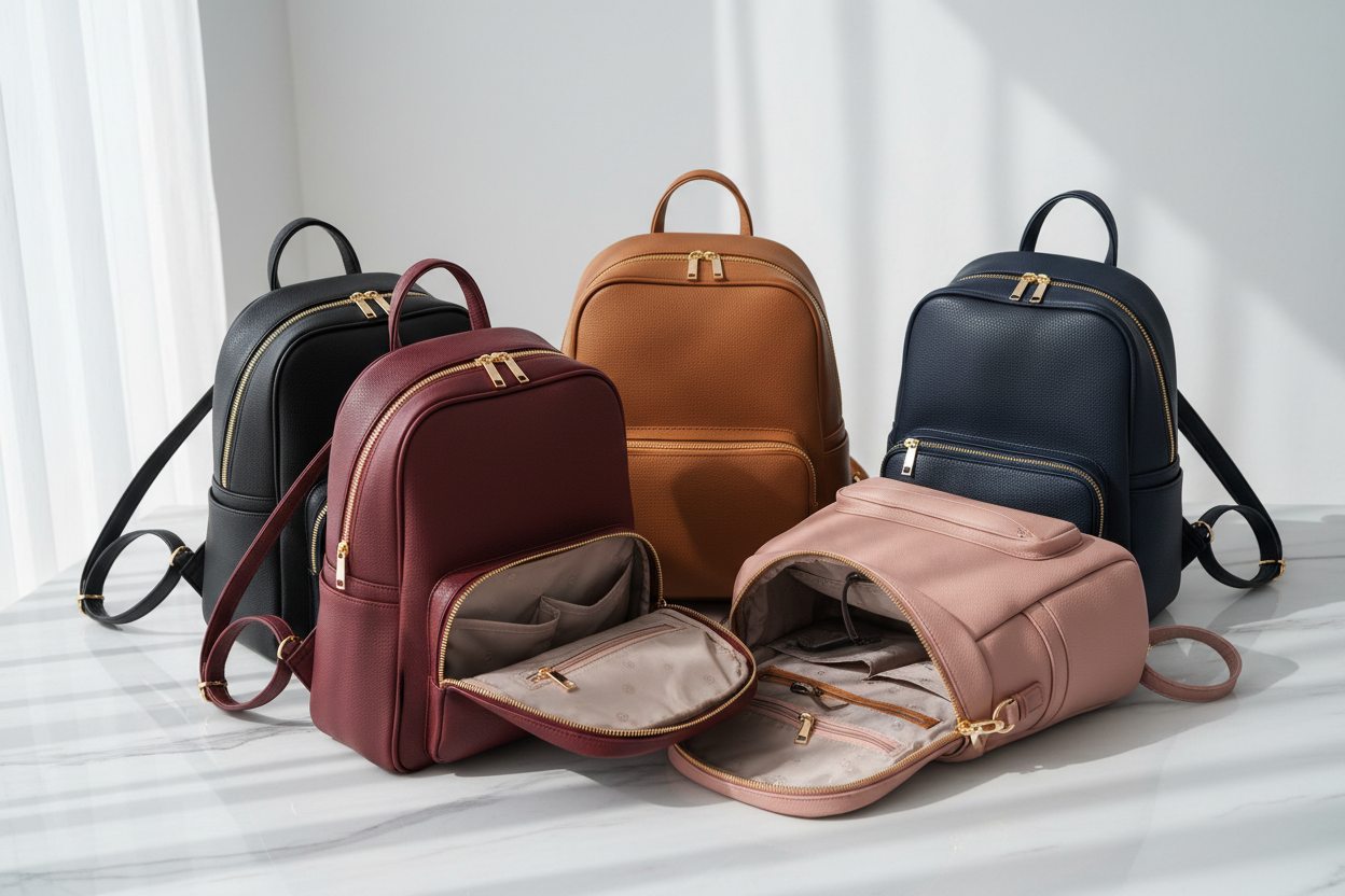 This image showcases a range of stylish women's backpacks, beautifully arranged on a clean white marble surface.