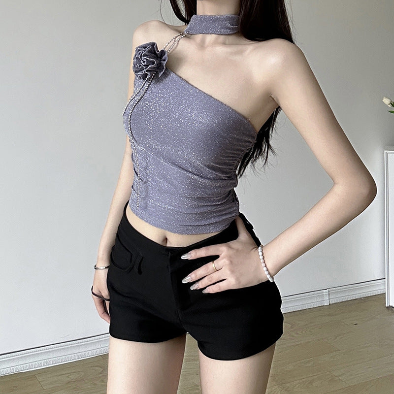 2024 Summer New Women's Clothing Fashion Three-Dimensional Flower off-Neck Slim Fit Midriff-Baring Small Vest for Women