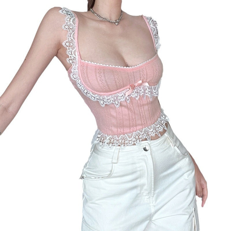 2024 Summer New Women's Lace off-Neck Slim Fit Midriff-Baring Camisole Women's