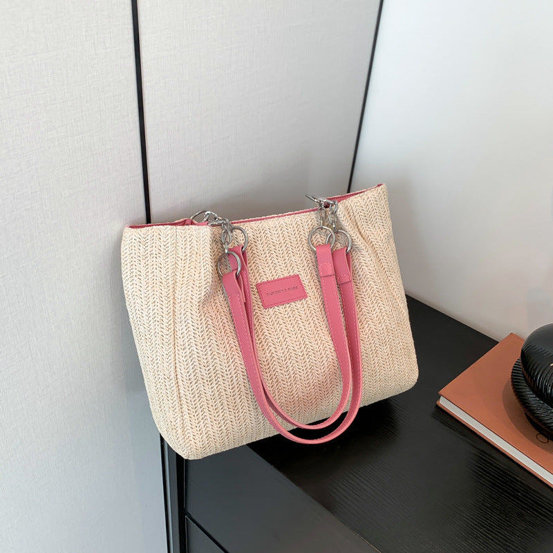 New Zipper Letter Splicing Bucket One-Shoulder Tote Bag Summer Seaside Vacation Weaving Straw Women's Bag