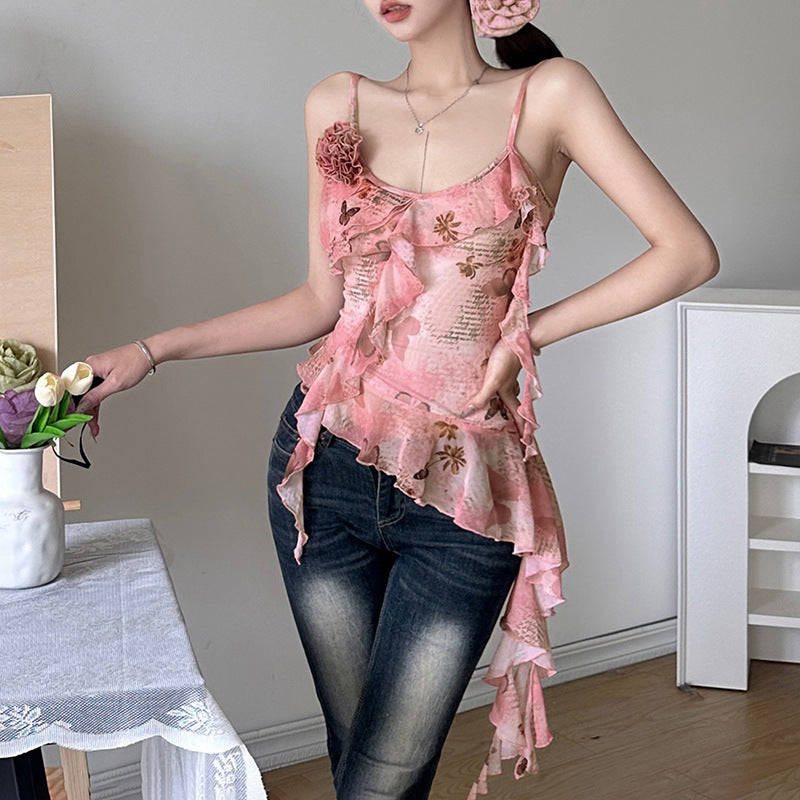 2024 Summer New European and American Hot Girls Sexy Low-Cut Sling Irregular Wooden Ear Slim-Fit Printed Top