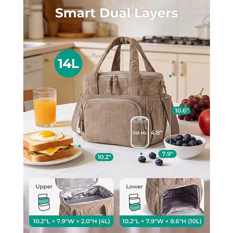 14L dual-layer insulated lunch bag with 4L upper compartment 10L lower compartment and 10.2 x 7.9 x 10.6 inch size