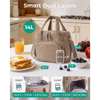 14L dual-layer insulated lunch bag with 4L upper compartment 10L lower compartment and 10.2 x 7.9 x 10.6 inch size