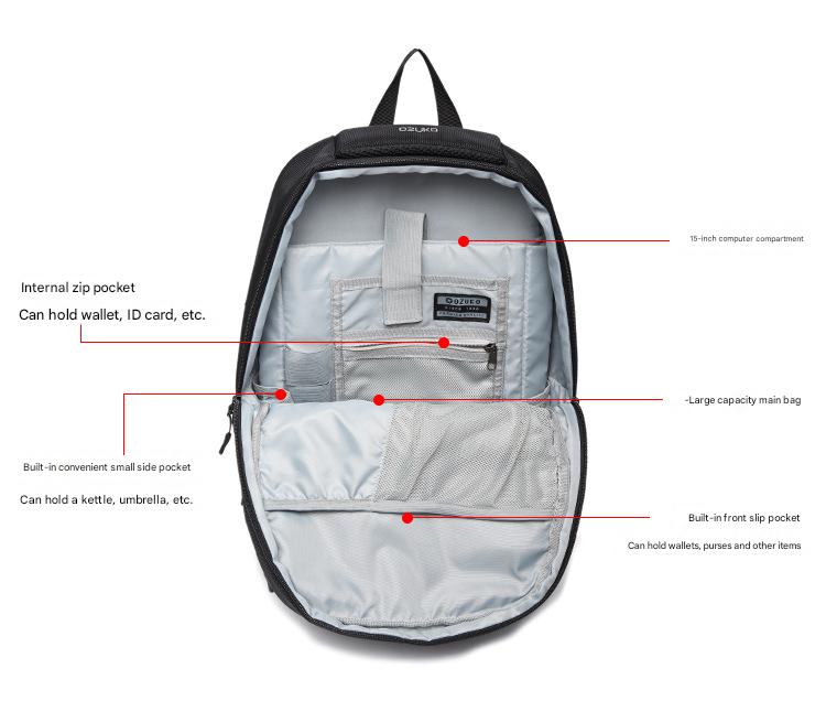 15 inch laptop backpack compartment with internal zip pocket side pocket main storage and front slip pocket