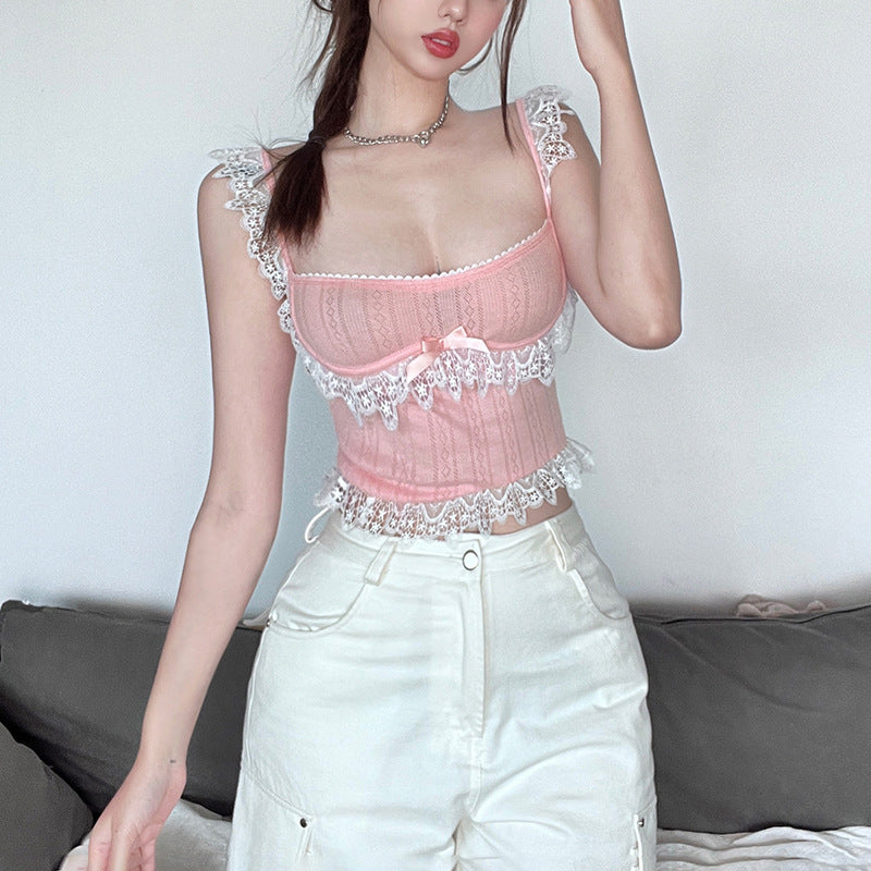 2024 Summer New Women's Lace off-Neck Slim Fit Midriff-Baring Camisole Women's