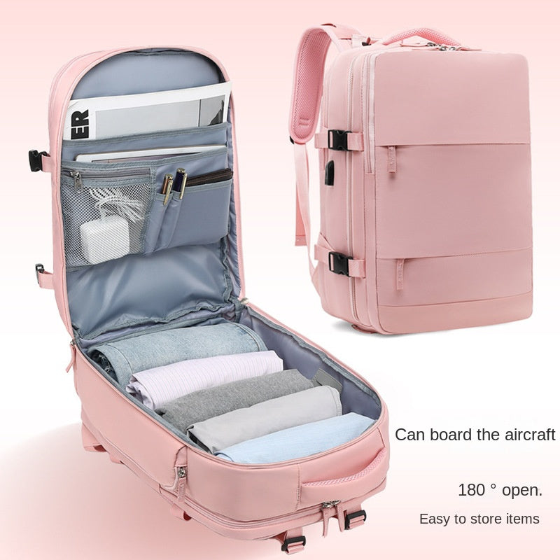 180 degree opening carry on travel backpack with organized storage compartments