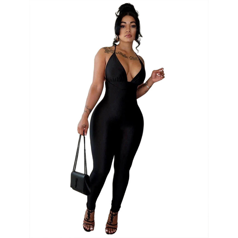 2024 Summer New Women's Cross Strap Sexy Backless Fashion Low Cut Jumpsuit Women