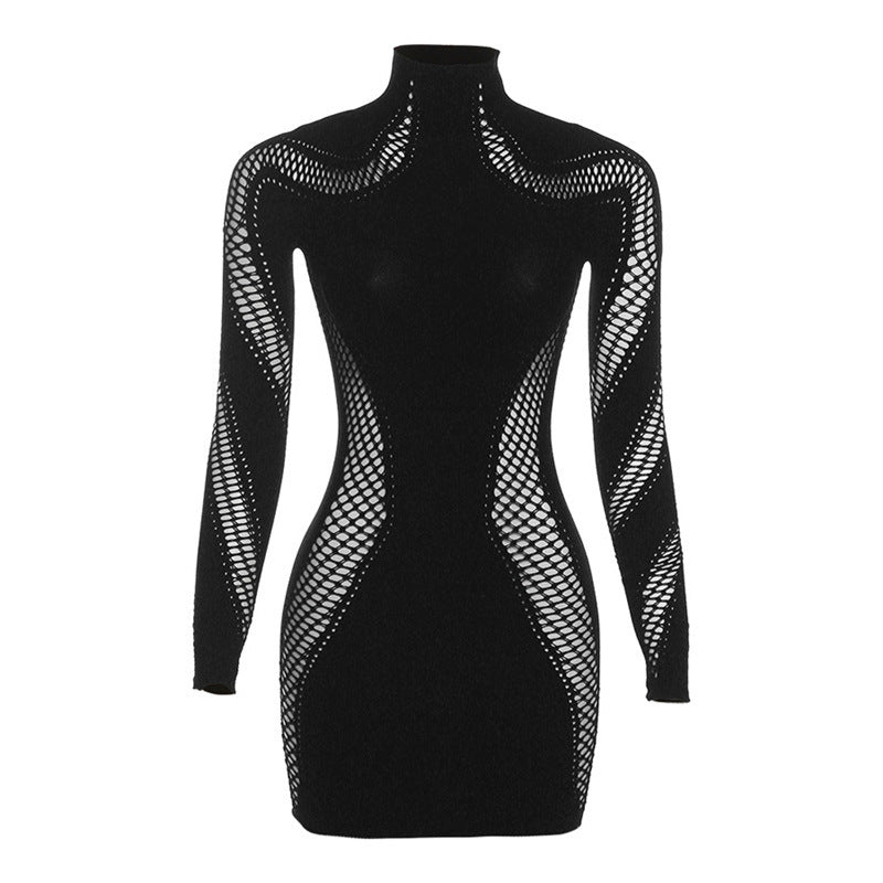 Summer Women's Clothing New Sexy Knitted Hollow out High Collar High Waist Long Sleeve Skinny Short Dress