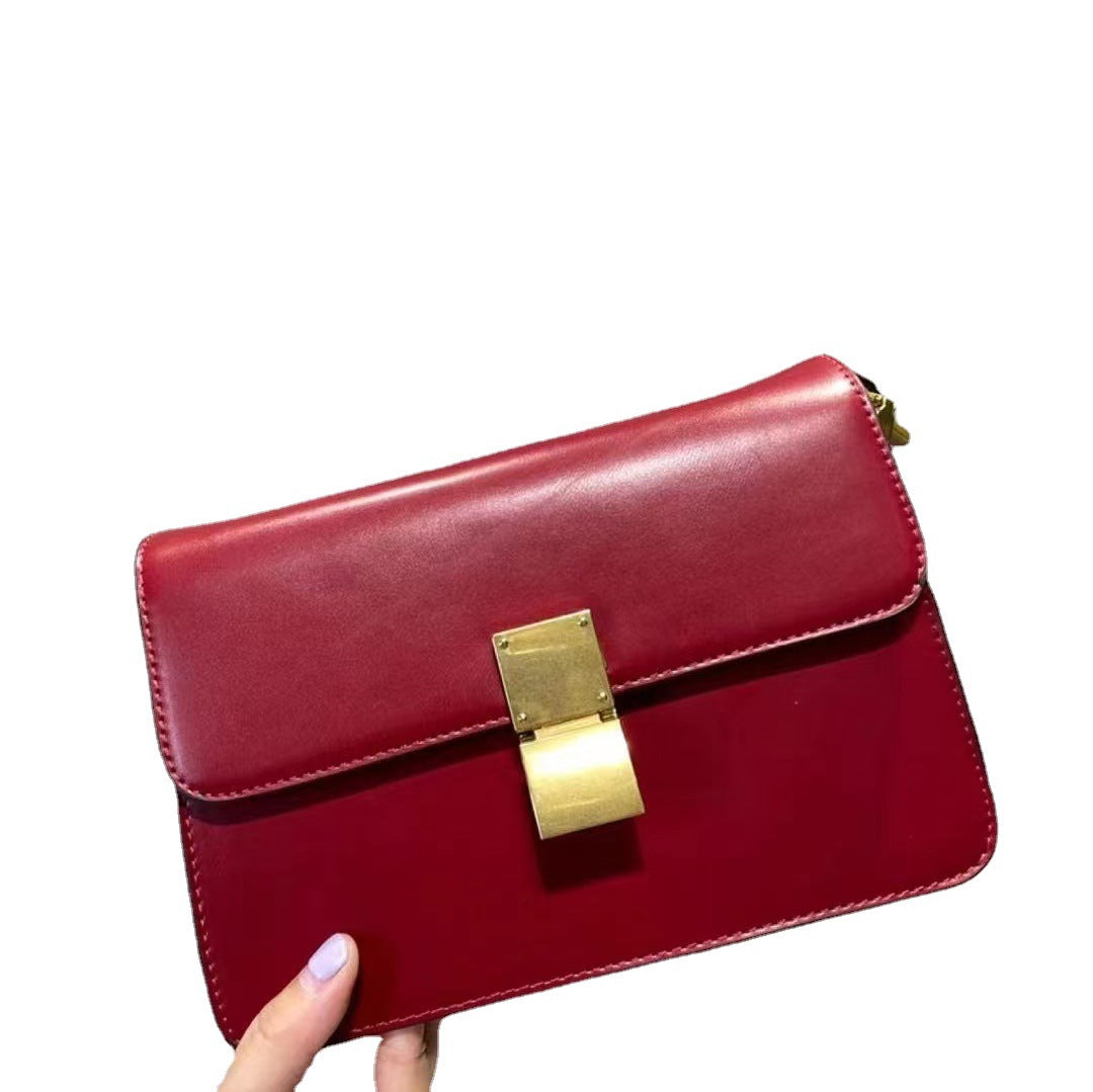 New Retro Tofu Bag Women's Cow Leather Bag Box Bag Lock Small Square Bag Stewardess Bag Shoulder Messenger Bag Fashion