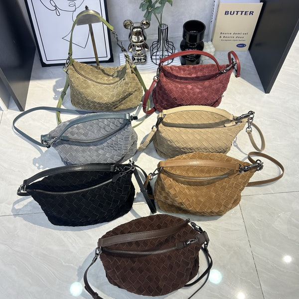 Suede Woven Lunch Box Bag Vintage Genuine Leather Handbag Crossbody Women's Bag