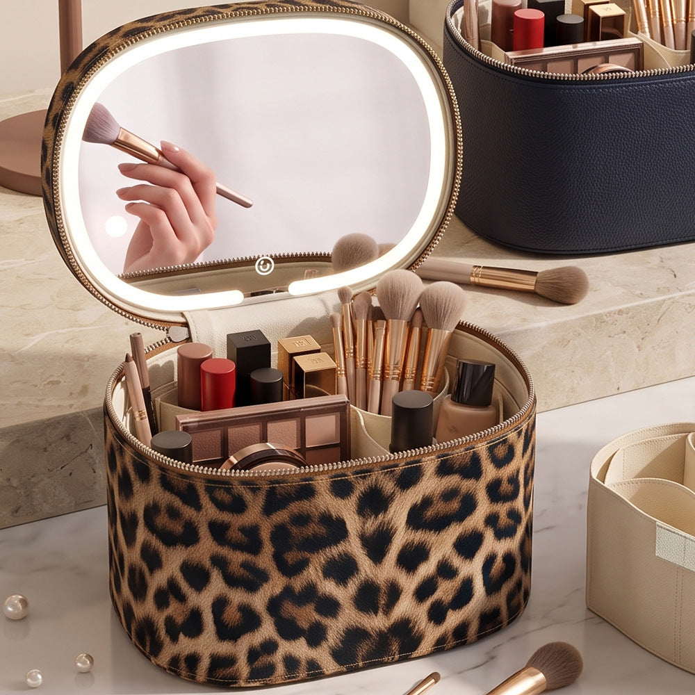 leopard print custom makeup organizer case with illuminated led mirror and divided storage for makeup brushes and lipstick
