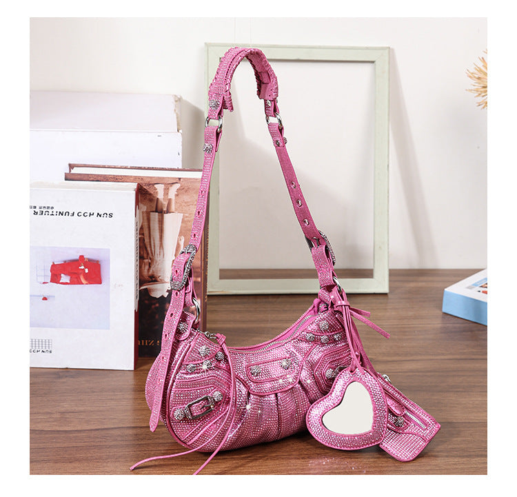 New Fashion Rhinestone Motorcycle Bag Fashion Rhinestone Mirror Three-in-One Shoulder Crossbody Bag