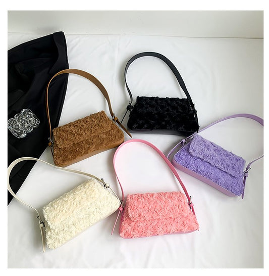 Wholesale Customizable New Popular Winter Rose Pattern Plush Flap Armpit Bag Shoulder Bag Fur Bags Women Handbags