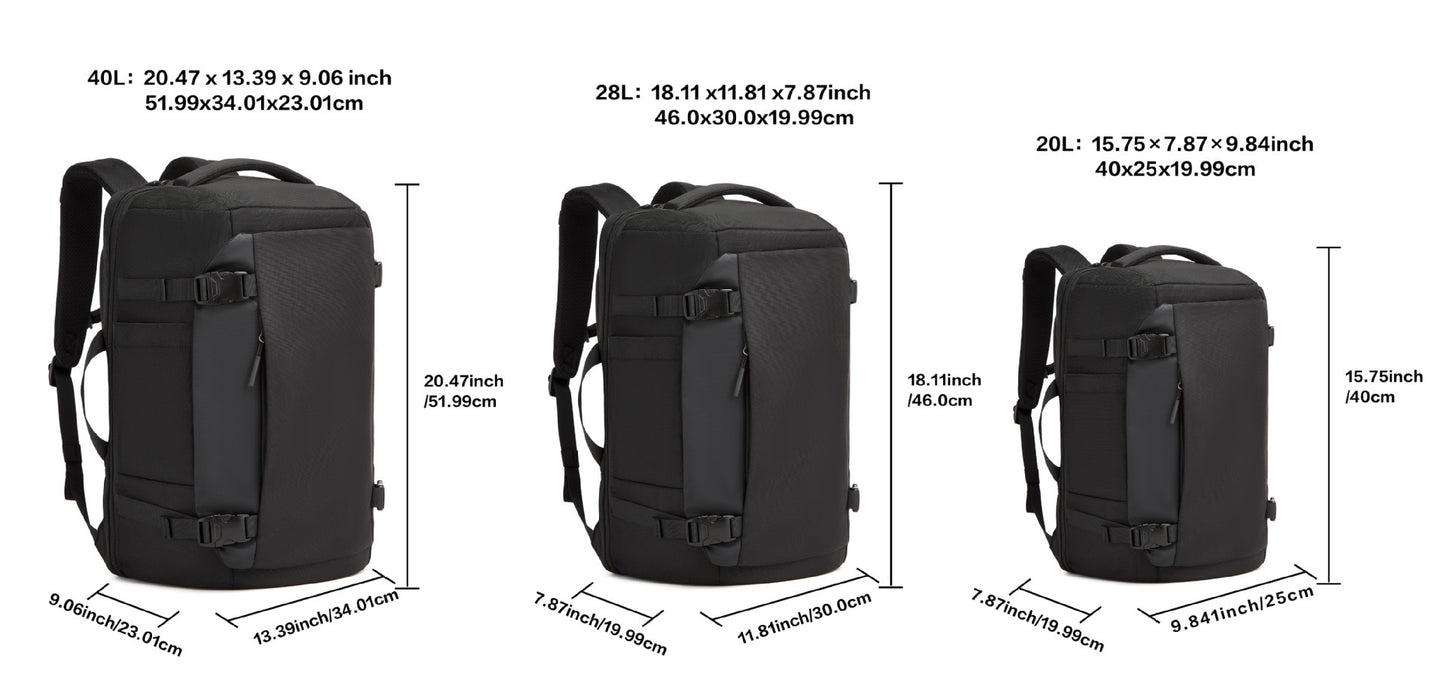20L 28L and 40L travel backpack size options for different market applications