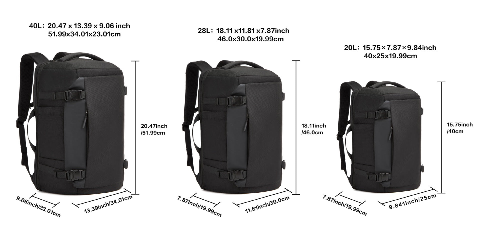 20L 28L and 40L travel backpack size options for different market applications