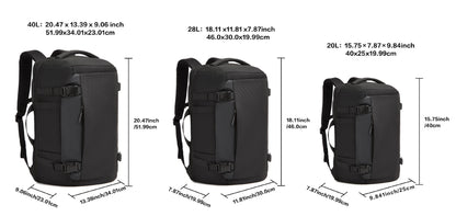 20L 28L and 40L travel backpack size options for different market applications