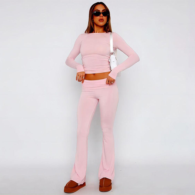 2024 Summer New Women's Sexy Navel T-shirt High Waist Sheath Wide-Leg Casual Pants Suit