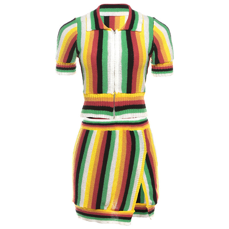 2024 Summer New Fashion Striped Color Matching Zipper Top High Waist Slit Sheath Skirt Outfit