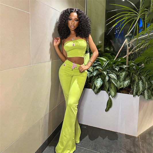 2024 Summer New Sexy Hot Girl Tube Top Embroidered High Waist Slim Fit Bell-Bottom Pants Suit Women