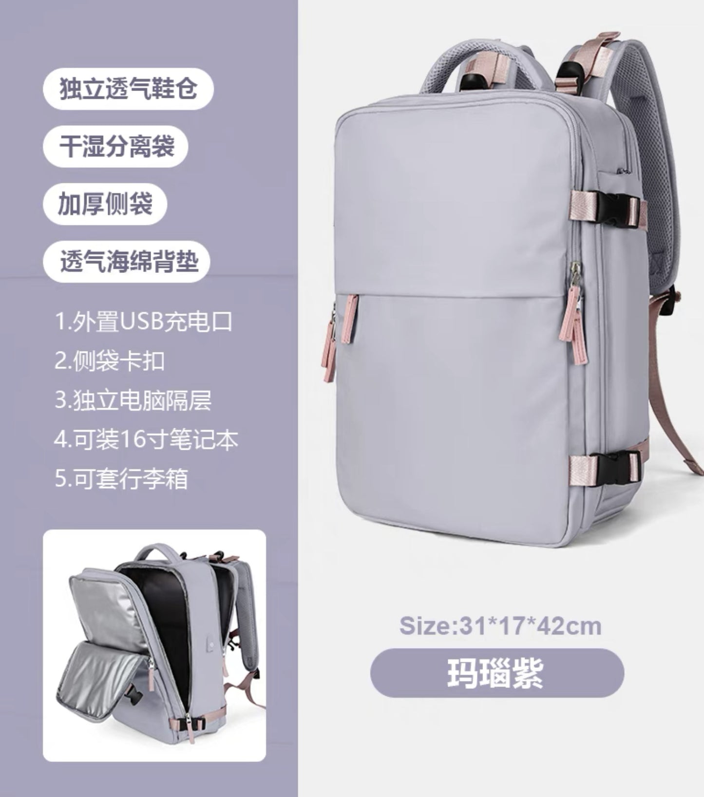 Customized in Stock Cross-Border Girls' Multi-Functional Business Trip Travel Backpack Wet and Dry Classification Large Capacity Waterproof Rucksack