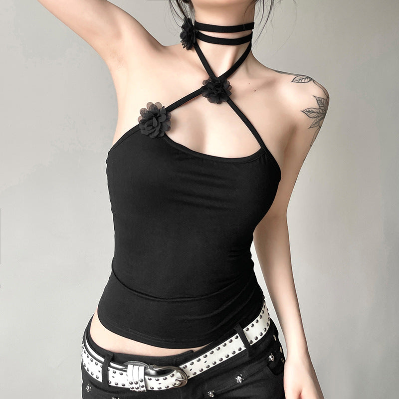 2024 Summer New Women's Lace-up Halter Three-Dimensional Flower off-Neck Slim-Fit Tank Top Women