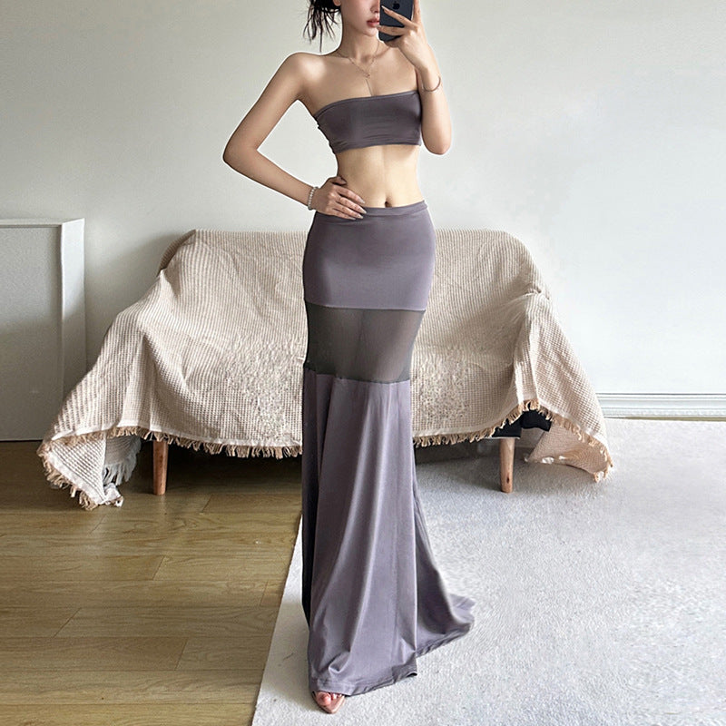 2024 Summer New Hot Girl Exposed Navel Tube Top High Waist See-through Slim-Fit Fishtail Skirt Suit