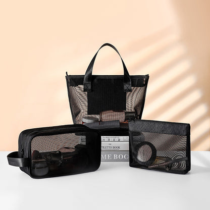 3 piece mesh cosmetic bags set with black travel organizer tote and pouches