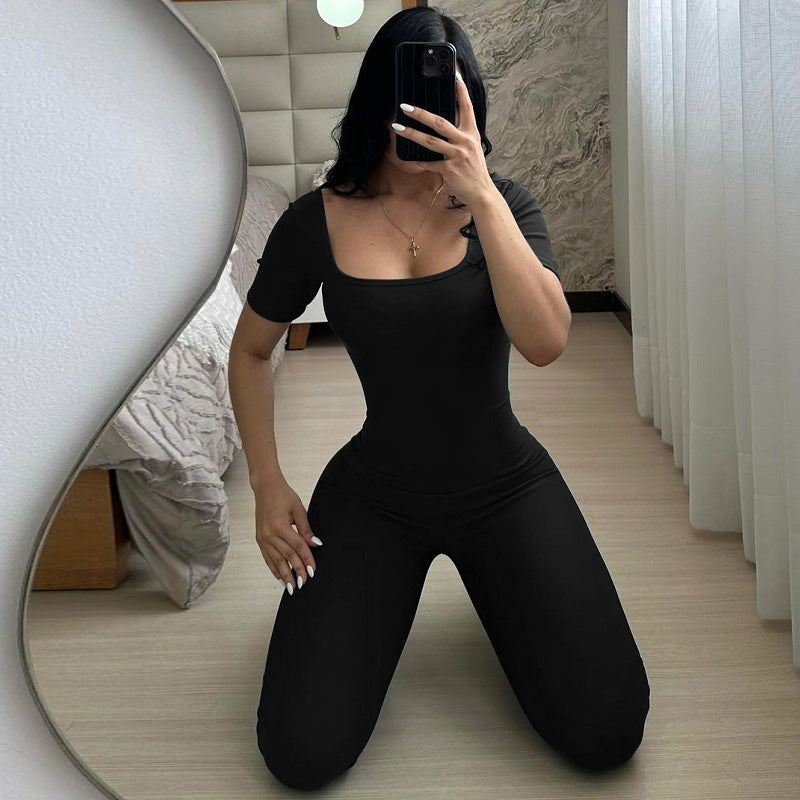 2024 Summer New Women's Short Sleeve off-Neck Fashion Sports Bag Hip Yoga Jumpsuit Women