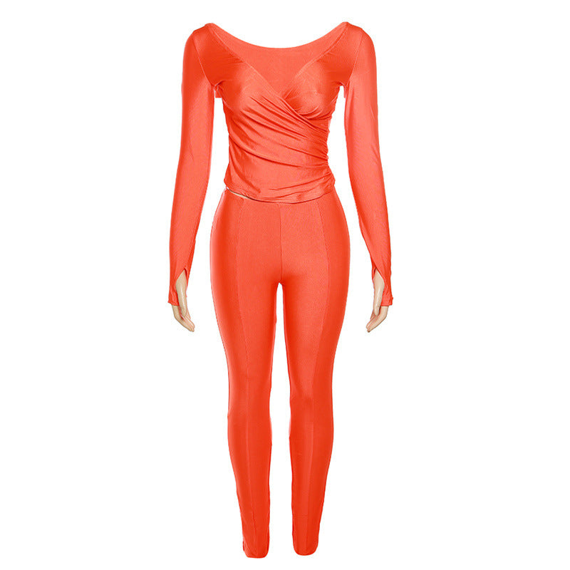 Fall Women's Clothing New Sexy off-the-Shoulder Large V-neck High Waist Tight Trousers Leisure Sports Suit