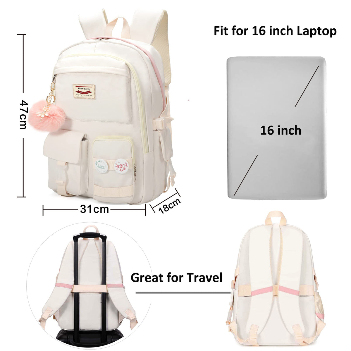 31 x 18 x 47 cm school backpack for up to 16 inch laptop with rear luggage sleeve for travel