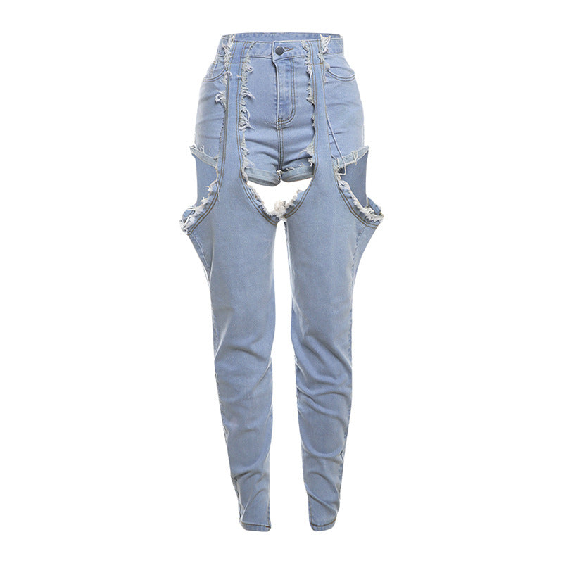 2024 Summer New Fashion Casual Street Sexy High Waist Stitching Slim Jeans