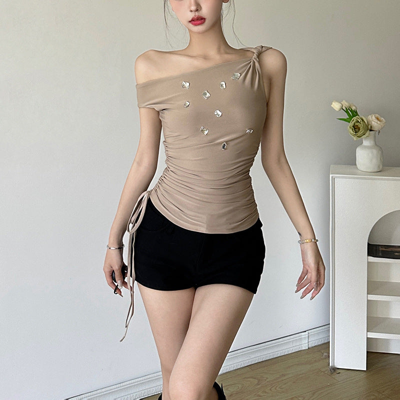 2024 Summer New Fashion Hot Girl Sexy off-Shoulder Slim Slimming Rhinestone Printed Top for Women