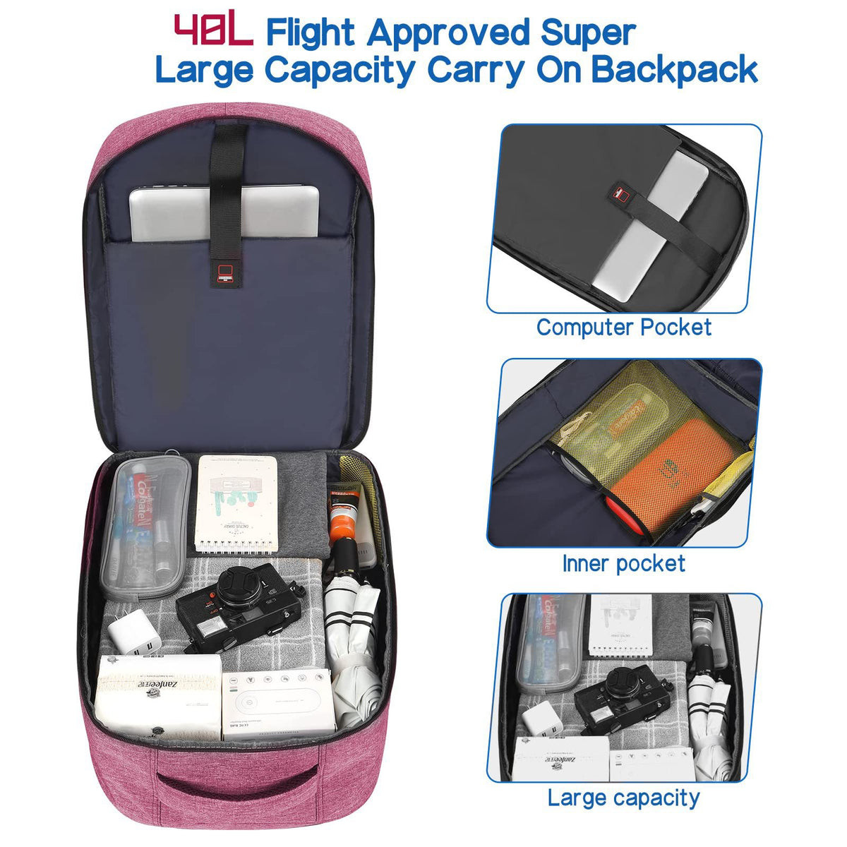 40l travel backpack with 17 inch laptop compartment and internal mesh organizer pockets