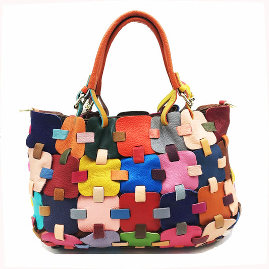 Fashion  Handmade Spliced Square Handbag Crossbody Bag Colorful Genuine Leather Women's Bag Handbags Women Tote Bag