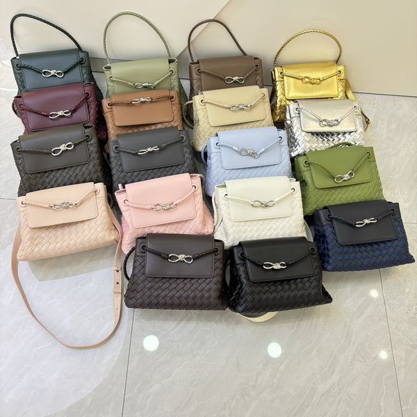 Silver Butterfly Buckle Genuine Leather Woven Flip Document Bag Unisex Handheld Messenger Bag