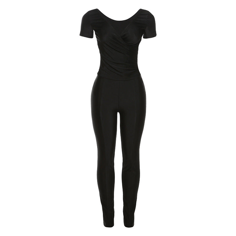 2024 Fashion New Sexy Waist Low-Cut T-shirt High Waist Tight Hip Lifting Leisure Sports Suit