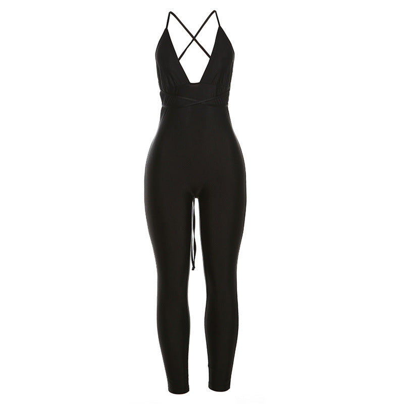 2024 Summer New Women's Cross Strap Sexy Backless Fashion Low Cut Jumpsuit Women