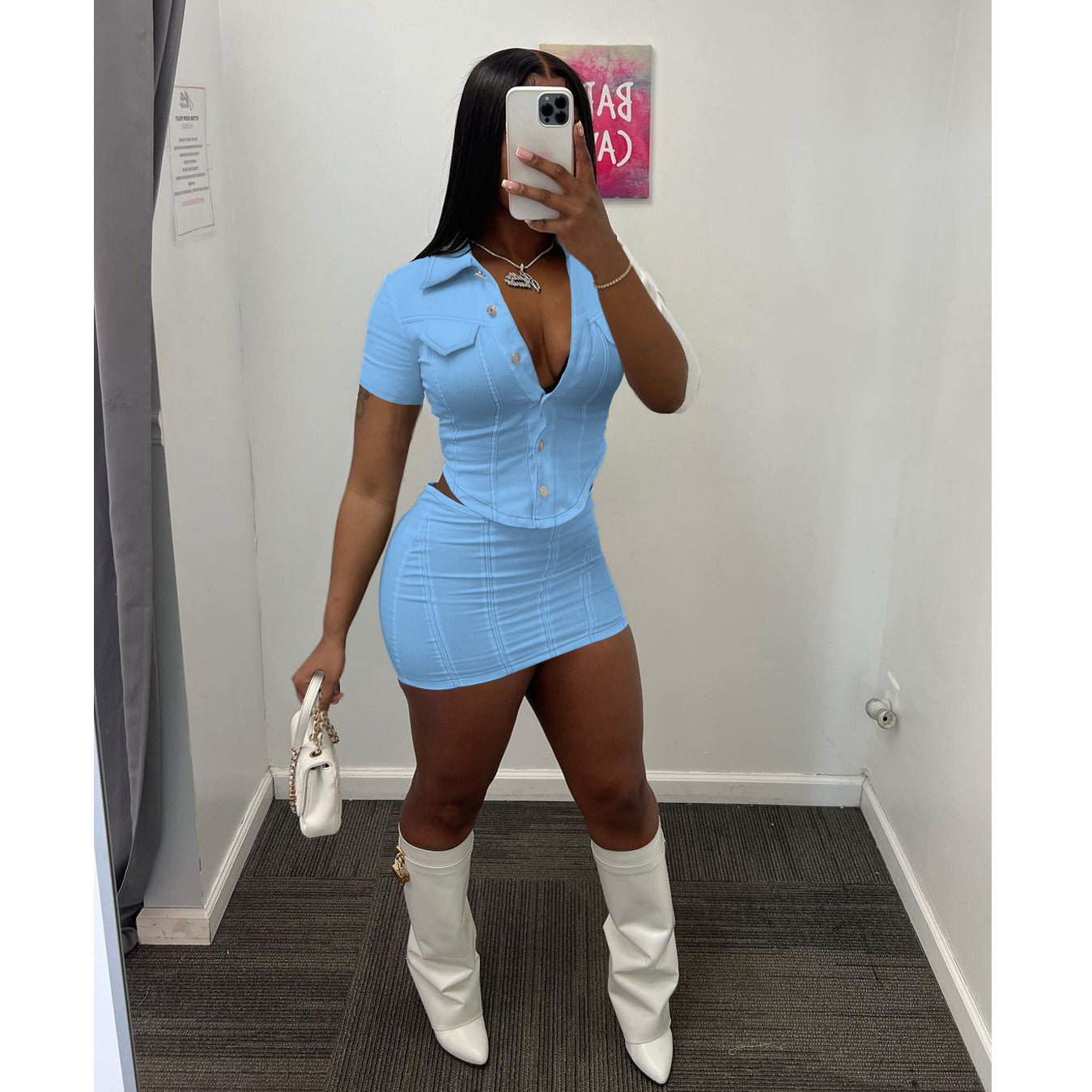 Summer Double Buckle Button Top Short Skirt Two-Piece Sports Suit Women