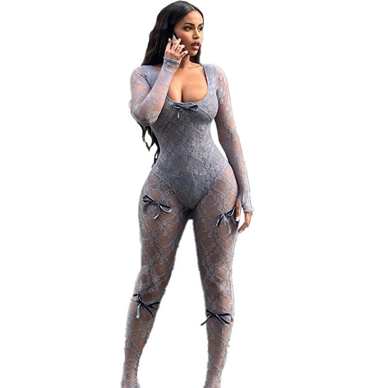 Spring New Sexy See-through Hollow High Waist Jacquard Tight Long Sleeve Lace Jumpsuit Women