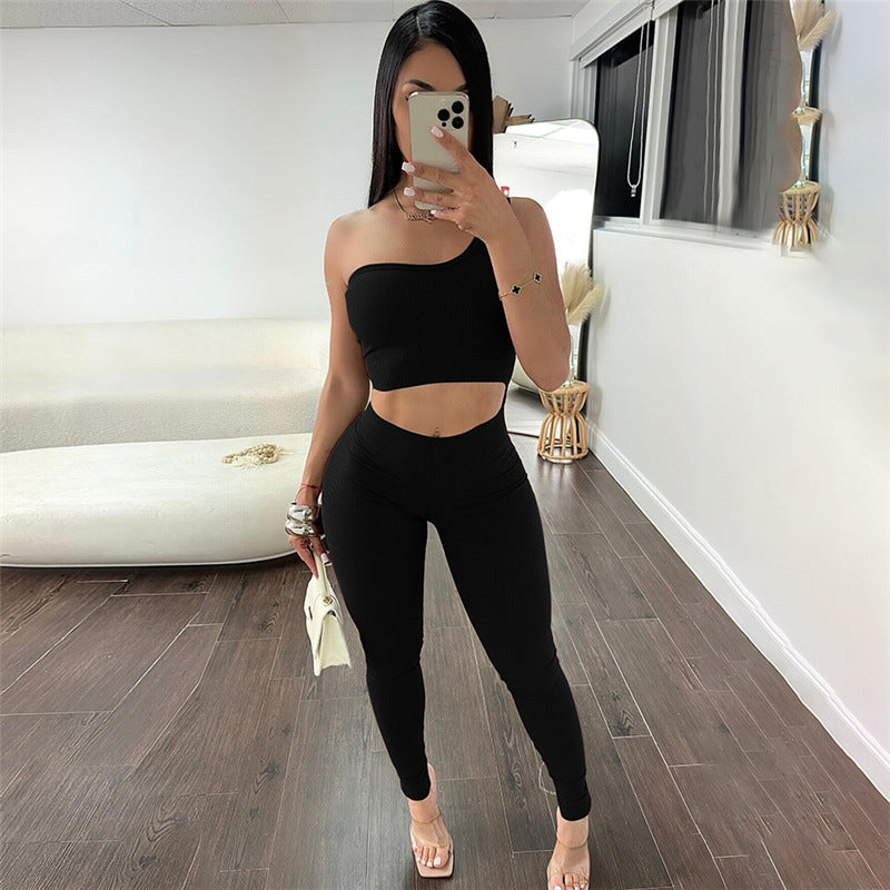 2024 New Summer Fashion Sexy Oblique Shoulder Tube Top Bare Midriff High Waist Skinny Slimming Jumpsuit