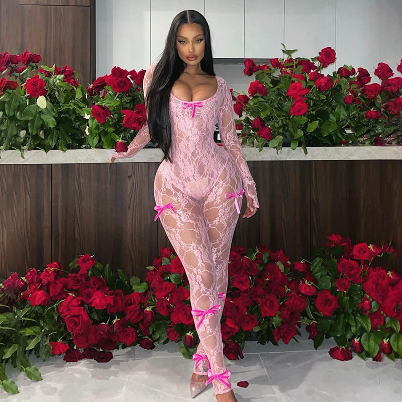 Spring New Sexy See-through Hollow High Waist Jacquard Tight Long Sleeve Lace Jumpsuit Women