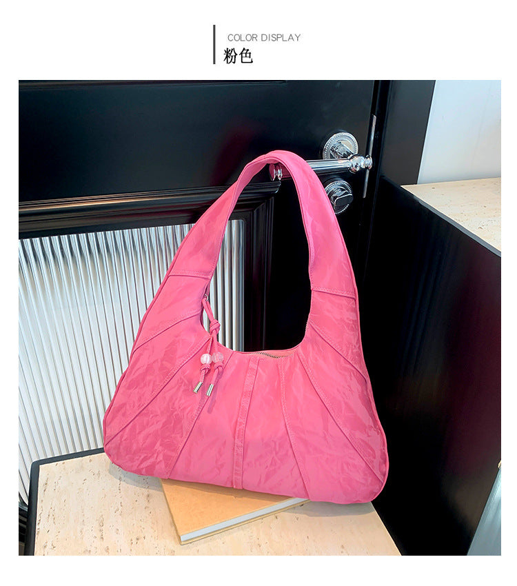 2024 New Fashion Solid Color Casual Simple Commute Large Capacity Shoulder Bag Tote Bag Underarm Bag Pleated All-Matching