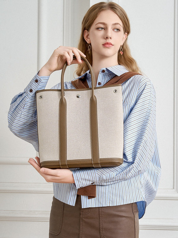 Borsa per notebook grande in pelle con cuciture in tela, piccola borsa tote da donna